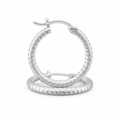 925 Silver Snake Chain Pattern Ribbed Textured Diamond Cut 19mm Hoop Earrings