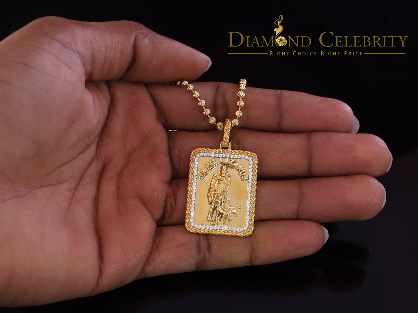 DiamondCelebritees Men's 925 Silver 0.66ct CZ ST LAZARUS "1" inch 3D look Yellow Square Pendant