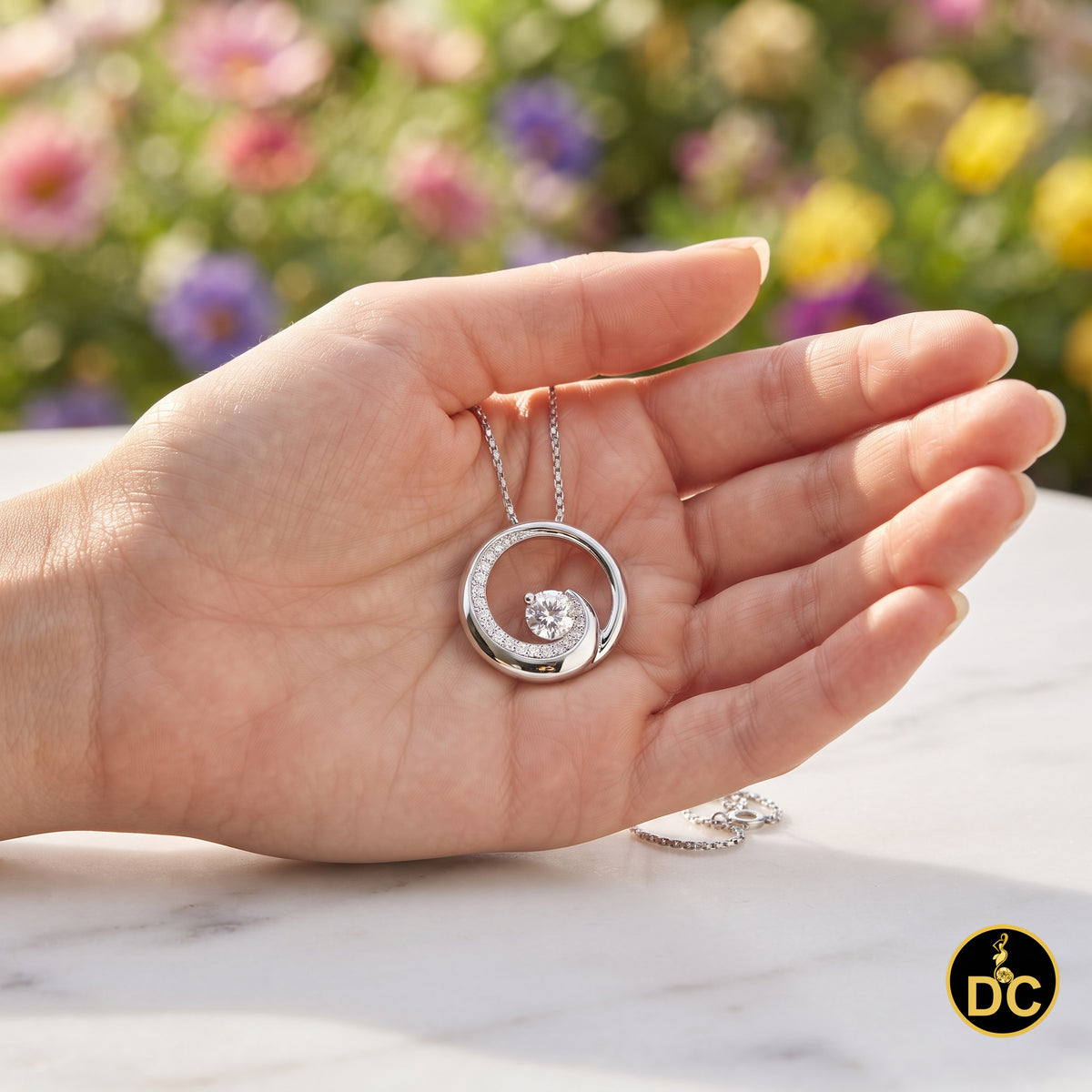 DiamondCelebritees 925 Silver Eternity Circle Swirl 2.50ct White 1 inch Cubic Zirconia Pendant