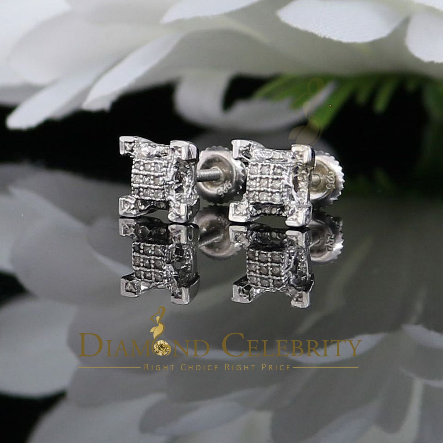 DiamondCelebritees 925 Sterling Silver White Real 0.15ct Diamond Men's & Women's Square Earrings
