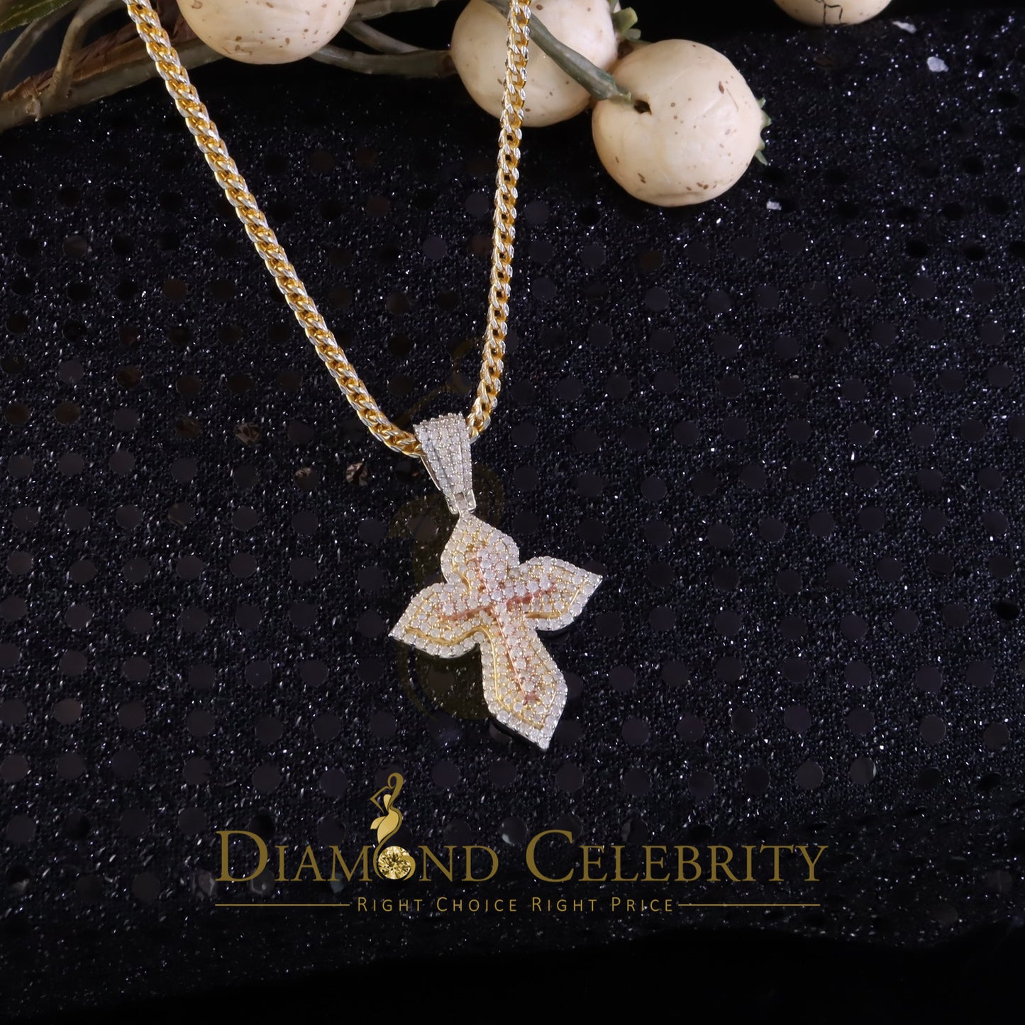 Diamondcelebritees Yellow 3.00 VVS D Moissanite Silver Charm Cross Floury Pendant Men's & Women's