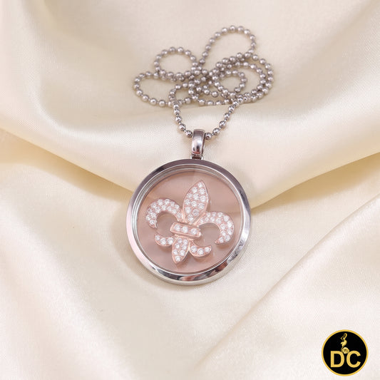 DiamondCelebritees 925 White Sterling Silver Fleur-de-Lis Floating Glass 1ct Cubic Zircon Pendant