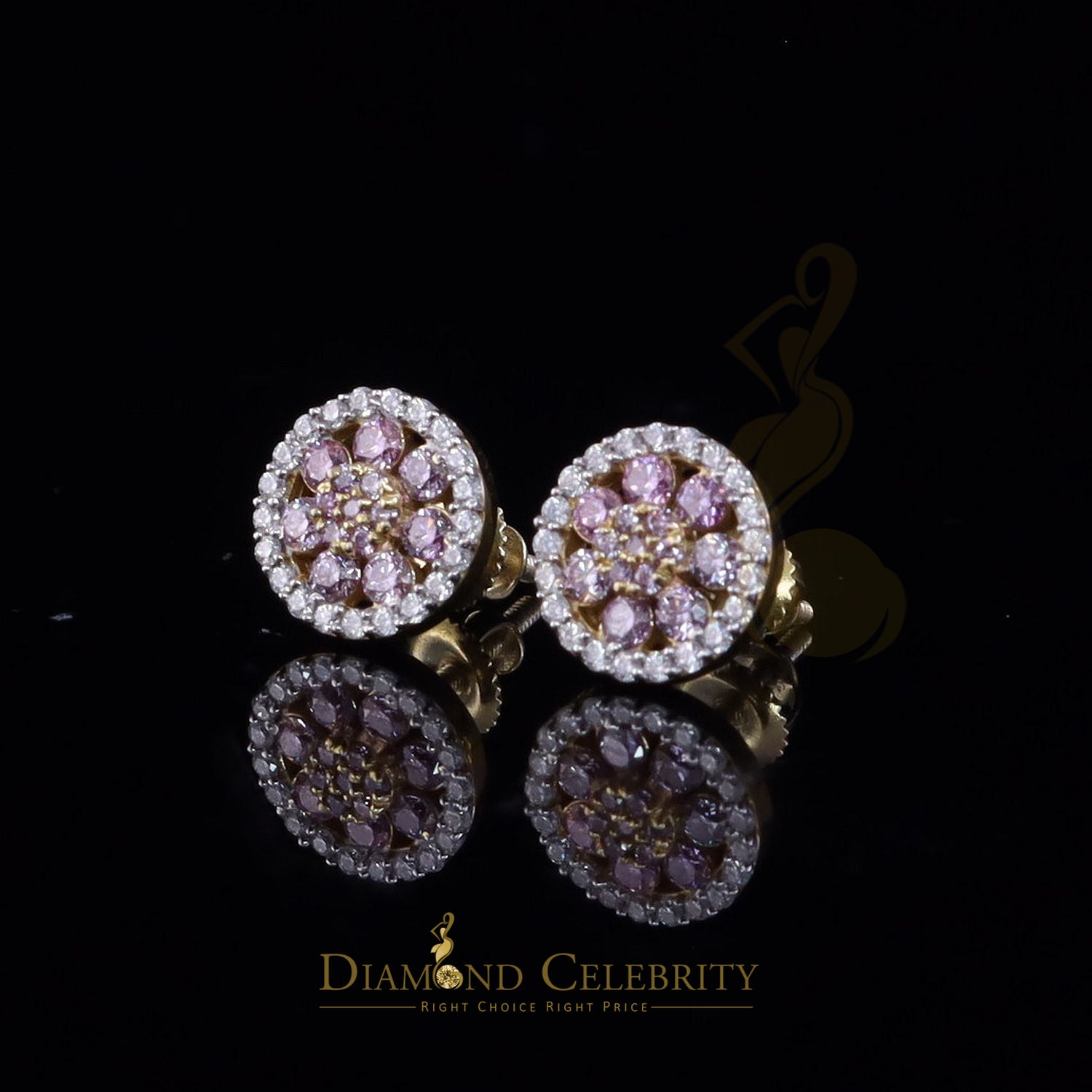 DiamondCelebritees Women's 925 Silver Yellow 0.66ct VVS 'D' Pink Moissanite Round Stud Earrings