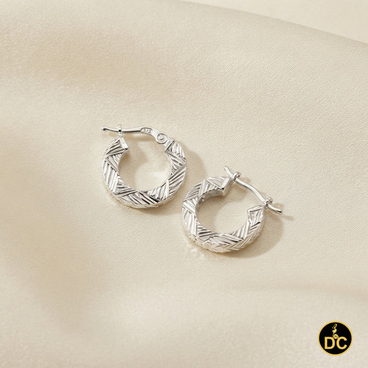 925 Sterling Silver Textured DiamondCut Flat Geometric Chevron 15mm Hoop Earring