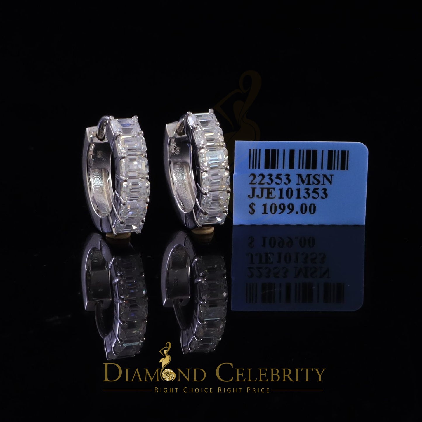 Diamondcelebritees 3.00ct Moissanite Emerald cut White 925 Sterling Silver Women's Hoop Earrings