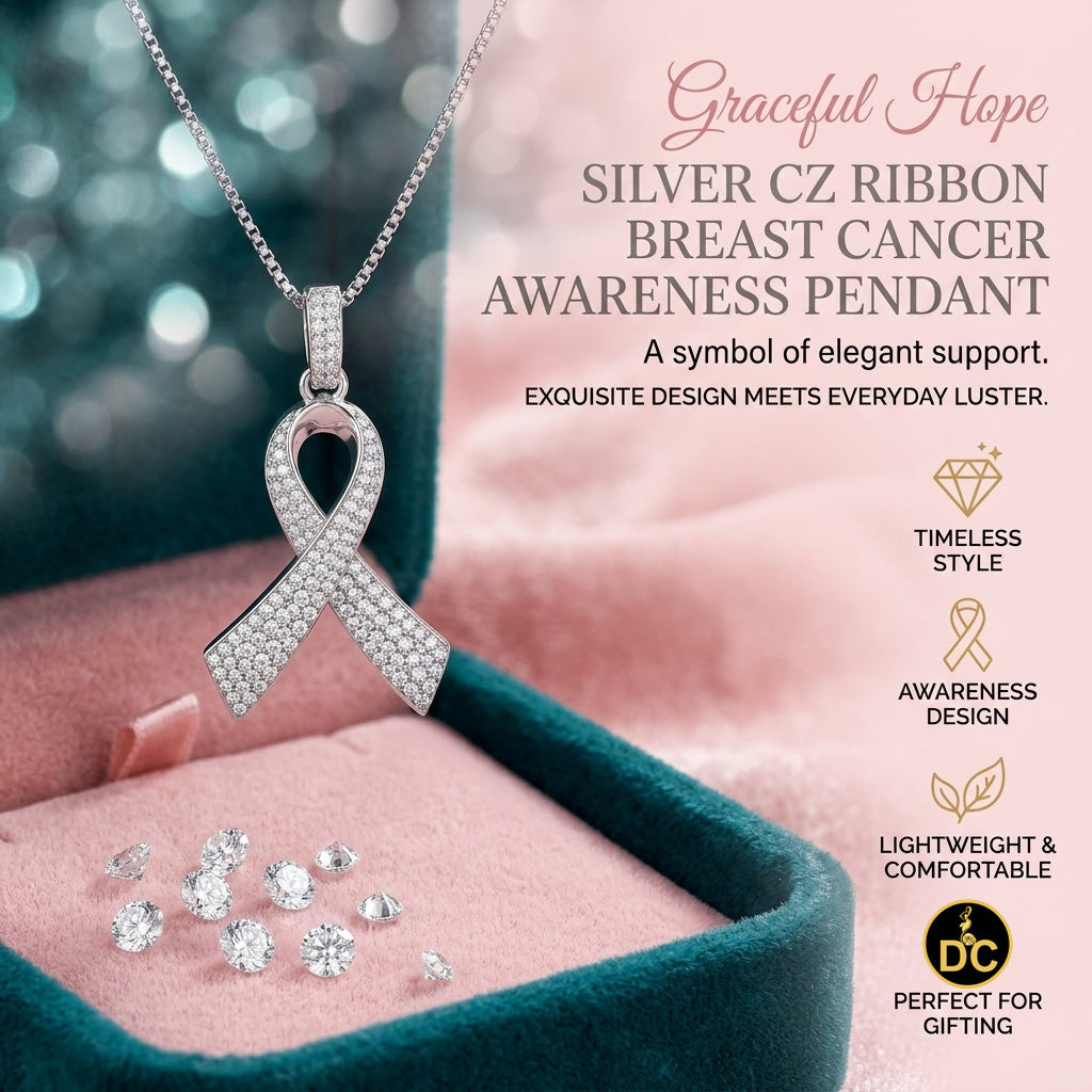 DiamondCelebritees 925 Silver White Clear 0.50ct CZ Hope Ribbon Pendant for Breast Cancer Support