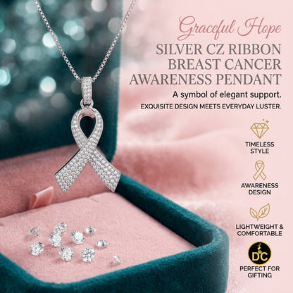 DiamondCelebritees 925 Silver White Clear 0.50ct CZ Hope Ribbon Pendant for Breast Cancer Support
