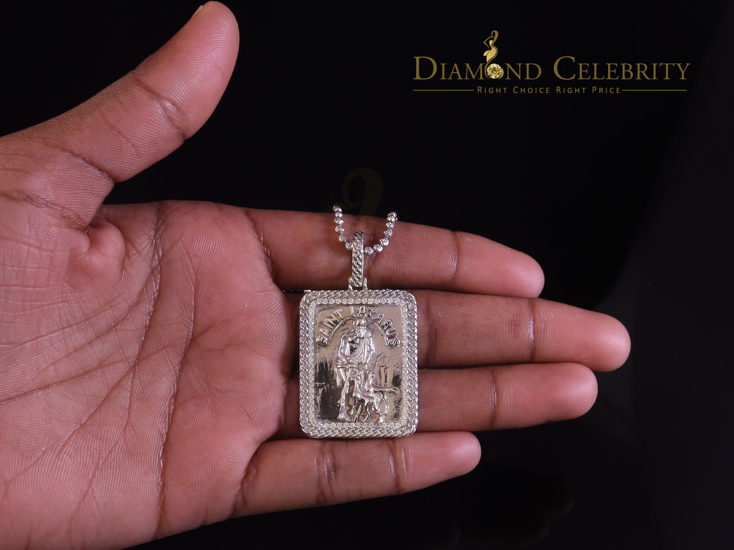 DiamondCelebritees Men's 925 Silver 0.66ct CZ ST LAZARUS "1" inch 3D look White Square Pendant