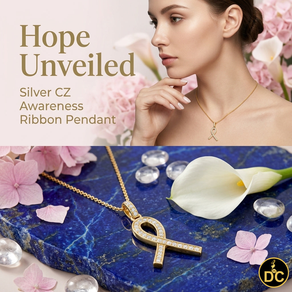 DiamondCelebritees 925 Silver Yellow Clear 0.50ct CZ Hope Ribbon Pendant for Breast Cancer Supports