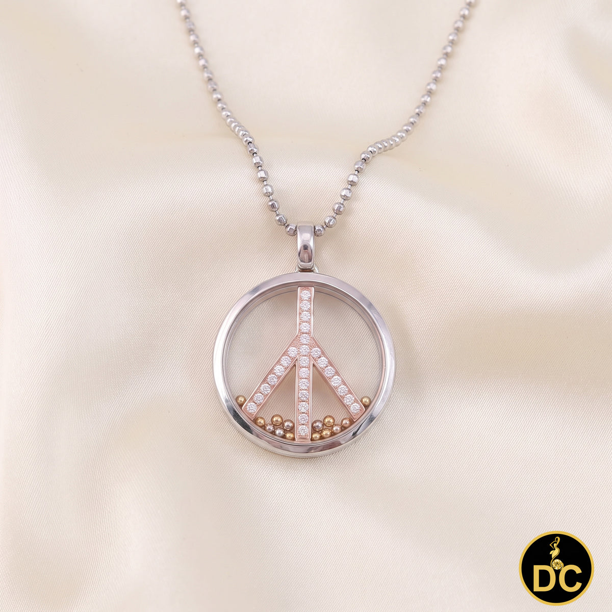 DiamondCelebritees 925 White Sterling Silver Peace Sign Floating Glass 0.25ct Cubic Zircon Pendant