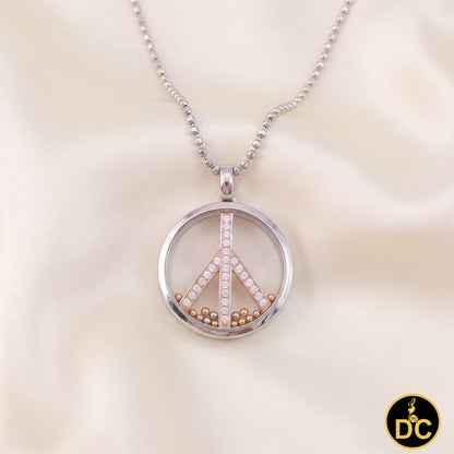 DiamondCelebritees 925 White Sterling Silver Peace Sign Floating Glass 0.25ct Cubic Zircon Pendant