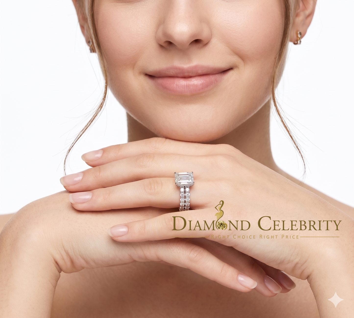 DiamondCelebritees 925 Silver Mens/Women Bridal Rings Emerald Shape Size 8 White 7.00ct Moissanite