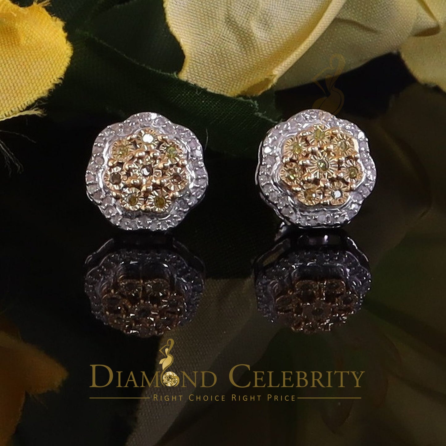 DiamondCelebritees 925 Sterling White Silver Flower Shape Miracle Plate 0.15ct Real Diamond Earring