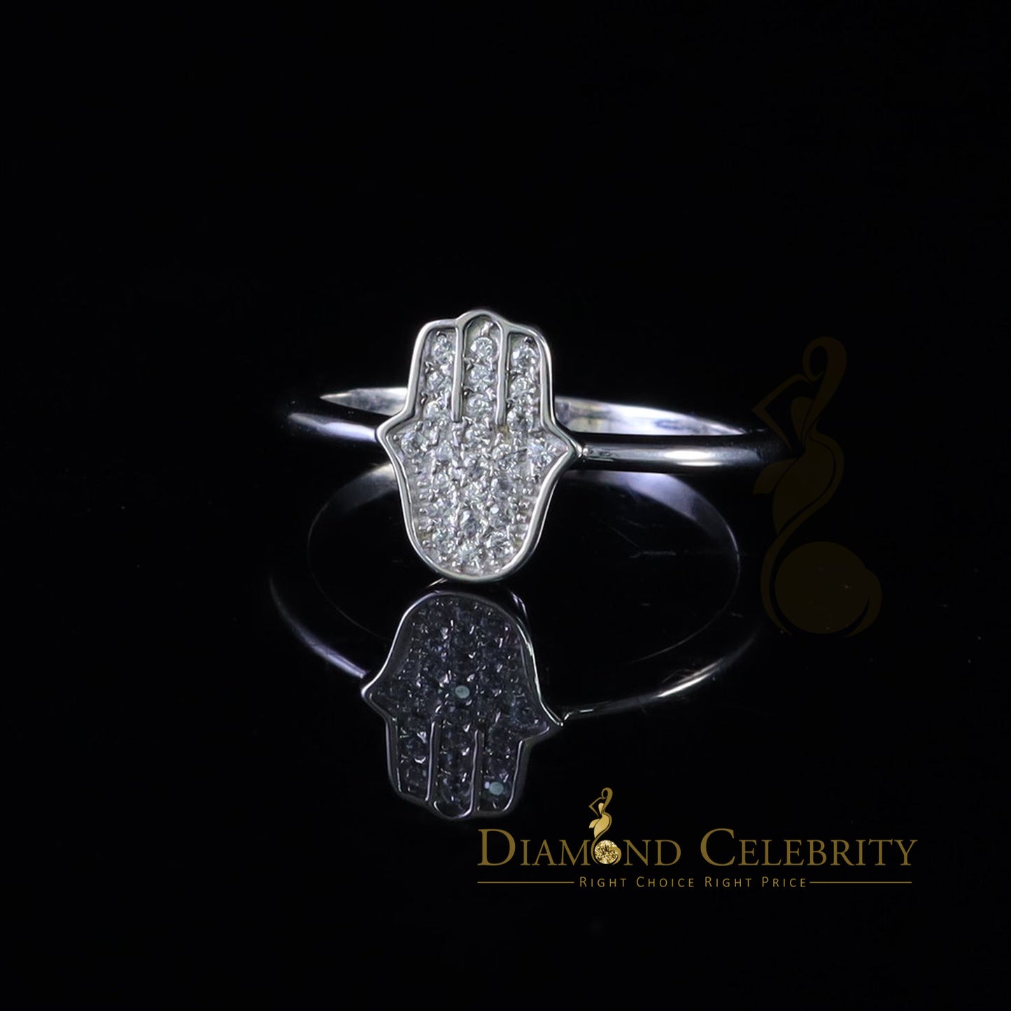 DiamondCelebritees 925 Sterling White Silver Shiny Hamsa 0.40ct Cubic Zirconia Women's Ring Size 6