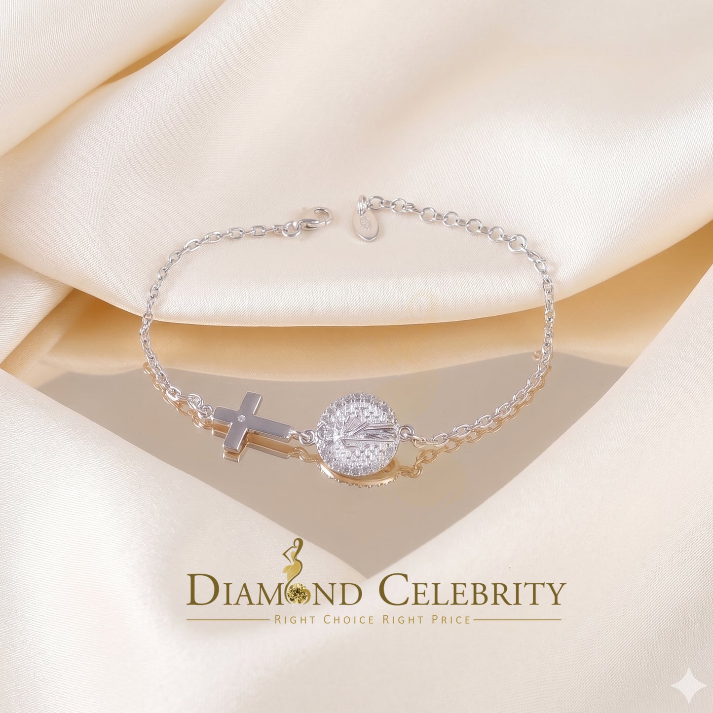 Diamondcelebritees CZ White Women's 925 Sterling Silver Virgin Merry and Cross Bracelet SZ 8