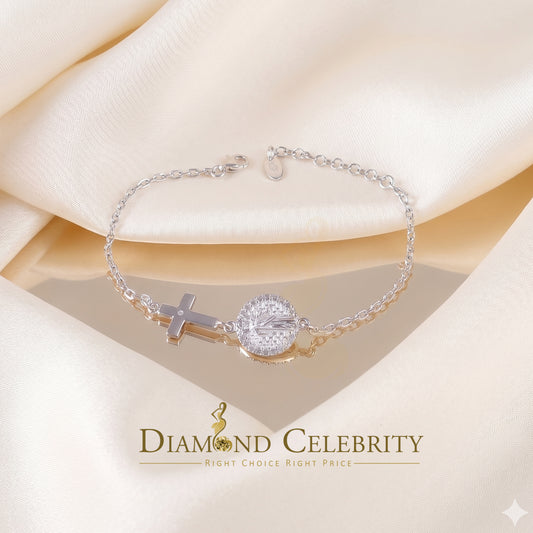 Diamondcelebritees CZ White Women's 925 Sterling Silver Virgin Merry and Cross Bracelet SZ 8