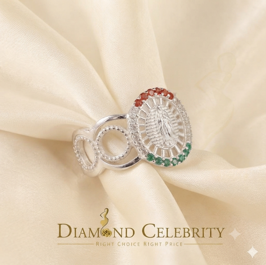 DiamondCelebritees 925 White Virgin Merry Red & Green Round Shape CZ Women's Religious Ring SZ 8