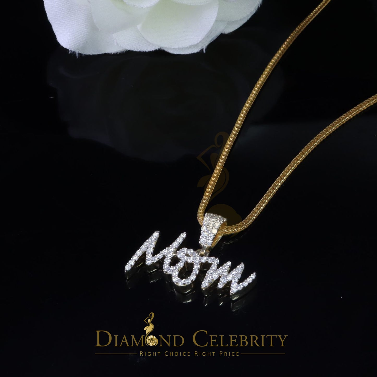 DiamondCelebritees Yellow 925 Sterling 925 Silver 0.90ct MOM Letter Pendant Cubic Zirconia Stone