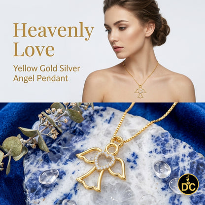DiamondCelebritees  925 Silver Yellow Heart-Shaped Guardian Angel Pendant W/ Real 0.05CT Diamond