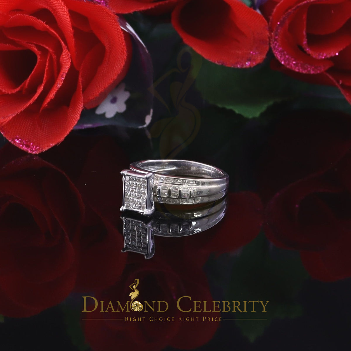DiamondCelebritees 925 Sterling Silver White Real 0.33ct Princess Diamonds Square Ring Size 7