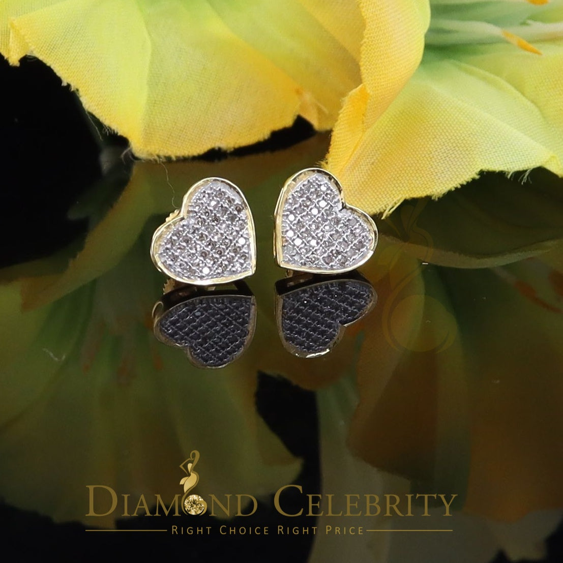 DiamondCelebritees Real 10K Yellow Gold Heart Round Stud 8.58mm Earrings with Real 0.25CT Diamonds