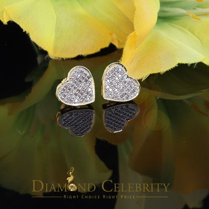 DiamondCelebritees Real 10K Yellow Gold Heart Round Stud 8.58mm Earrings with Real 0.25CT Diamonds