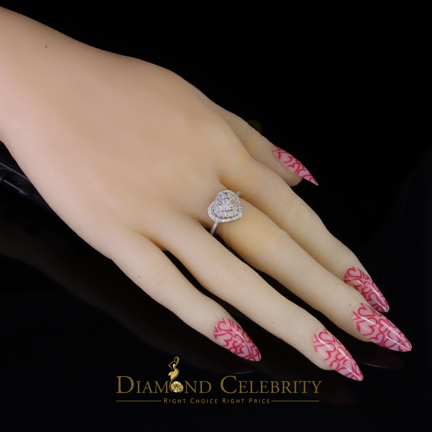 DiamondCelebritees Womens Heart 925 White Silver 1.00ct VVS 'D' Baguette Moissanite Ring Size 7