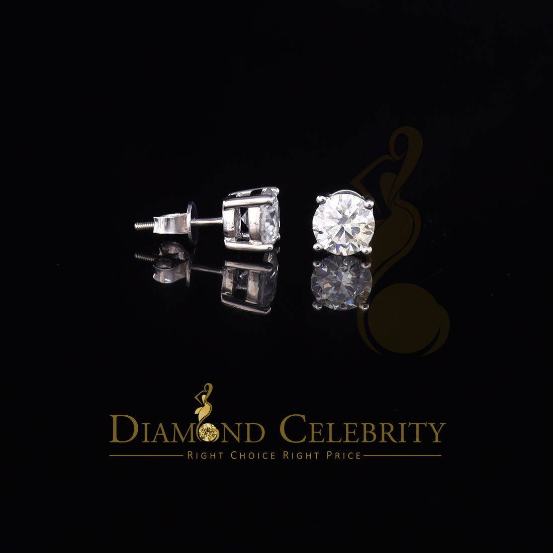 DiamondCelebritees 10k Real White Gold with 3.00ct Round VVS 'D' Color Moissanite Stud Earrings