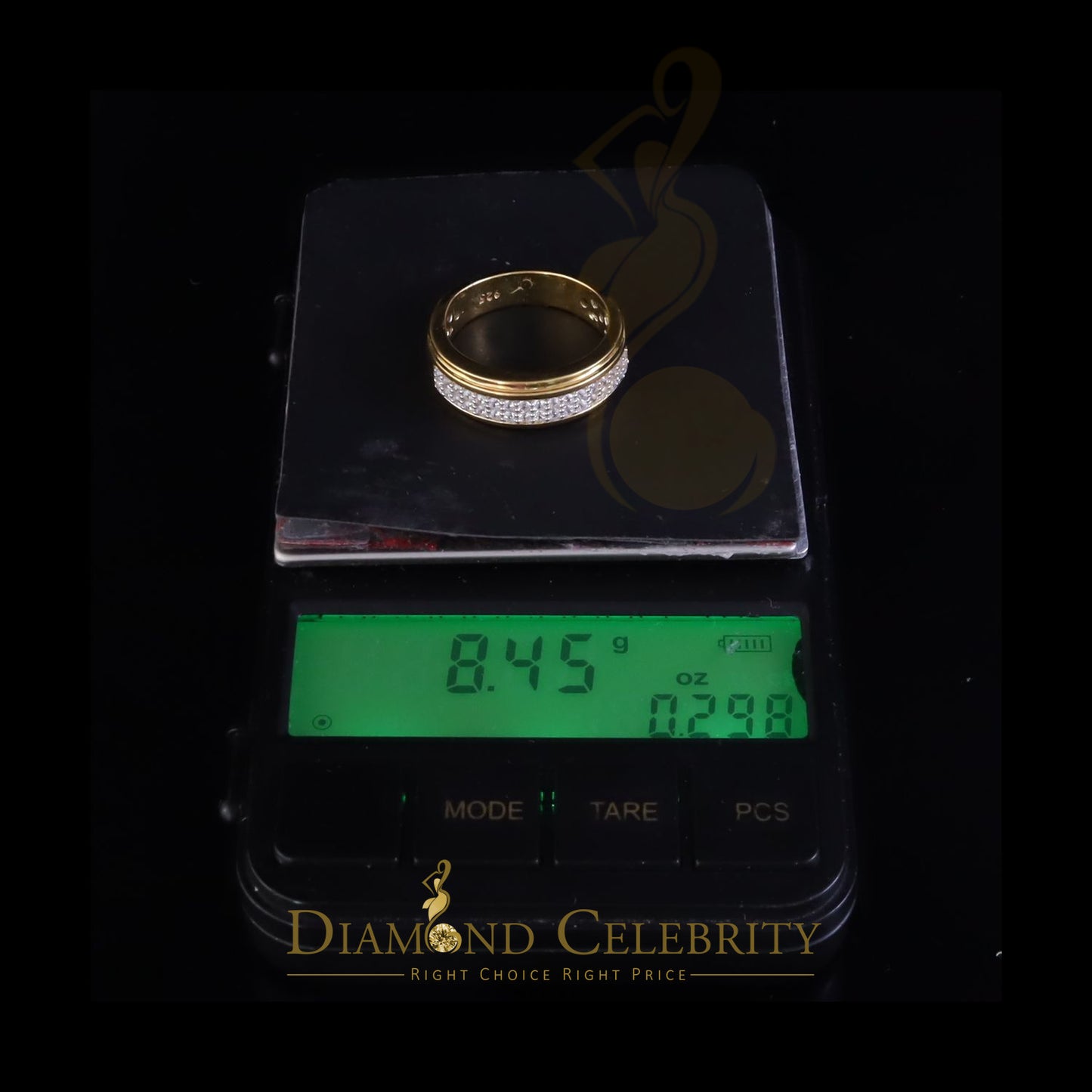 DiamondCelebritees Men's 1.25ct Cubic Zirconia Yellow Silver Round Adjustable Ring From SZ 9 to 11