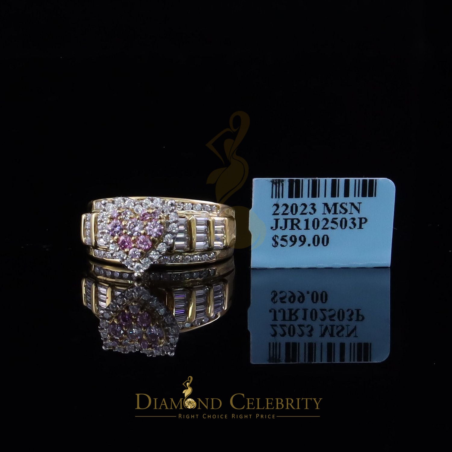 DiamondCelebritees Women 2.50ct 925 Silver VVS 'D' Pink Moissanite Yellow Cinderella HEART Ring SZ 7