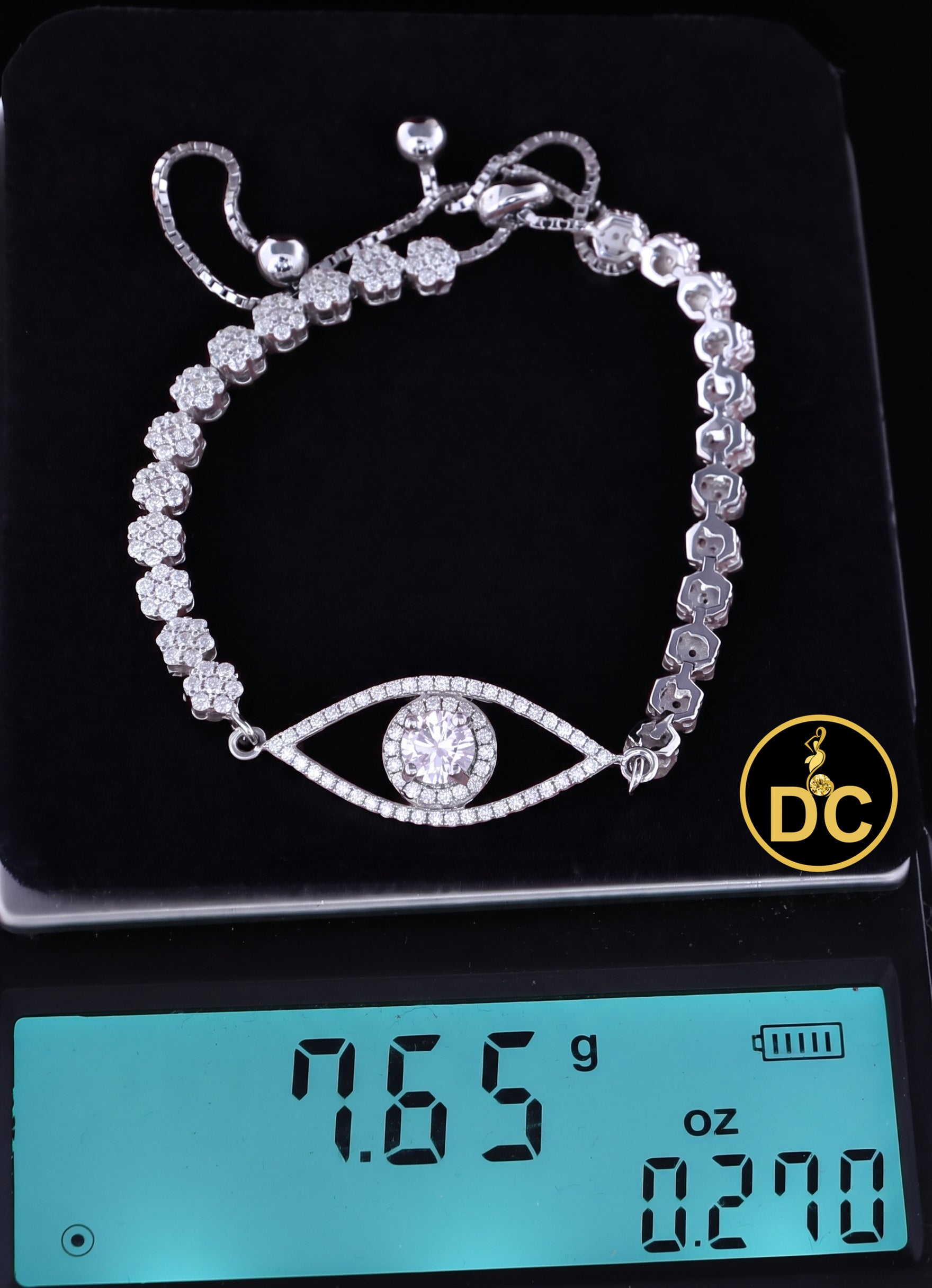 Diamondcelebritees White 925 Silver Eye Shape Bracelet Cubic Zirconia Adjustable Size 7 Inches