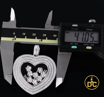 DiamondCelebritees 925 White Silver Heart Floating Flower /Bead in a Glass Cubic Zirconia Pendant