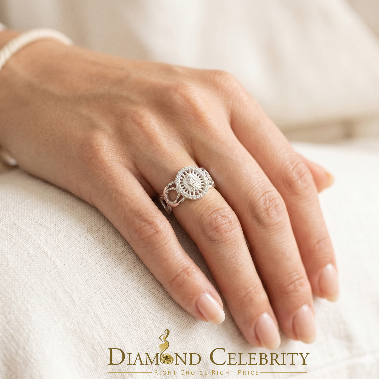 DiamondCelebritees Our Lady Guadalupe White CZ 925 Silver Virgin Merry in Aura Women's Ring SZ 10