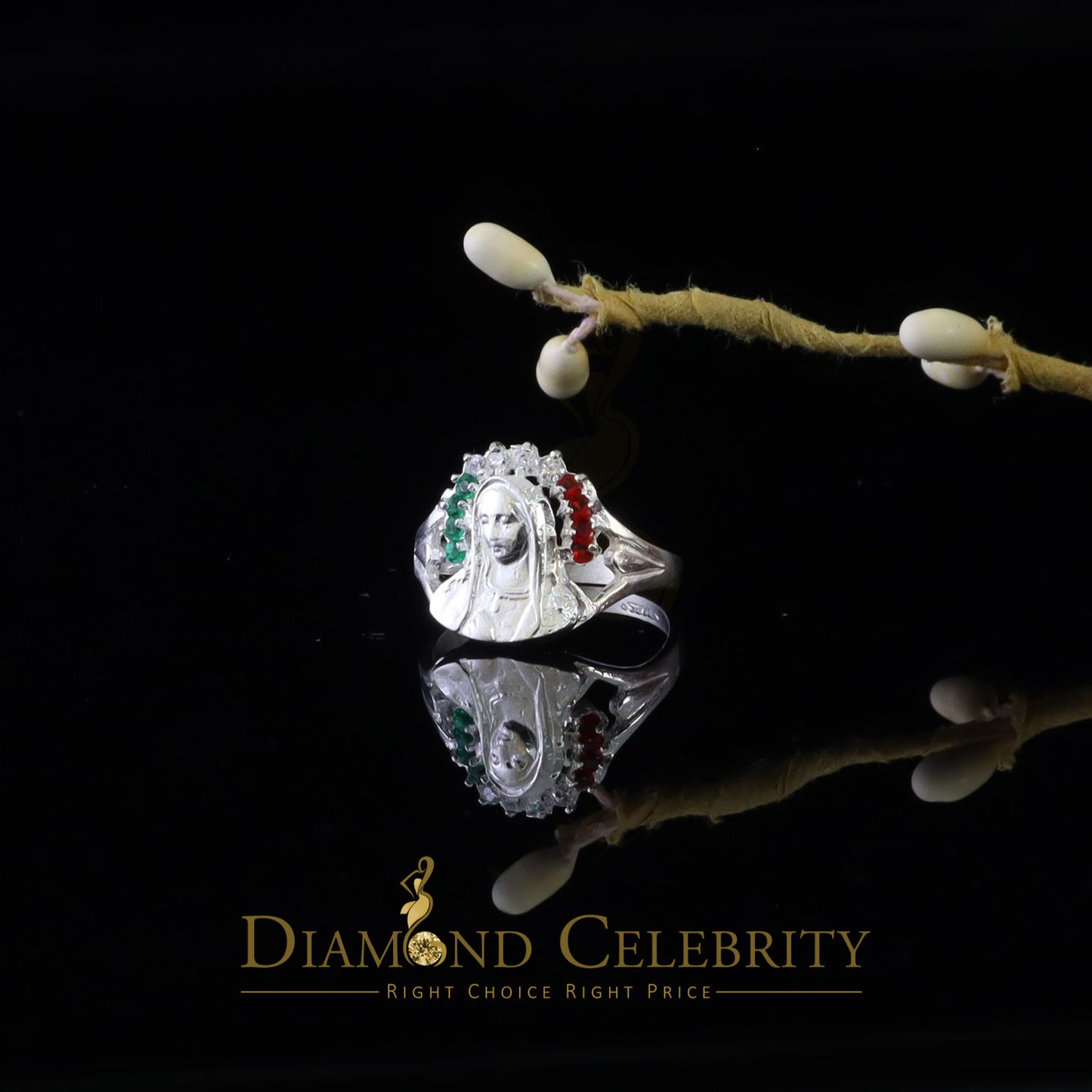 DiamondCelebritees Religious White 925 Silver Cubic Zirconia Mother Mary Face Women's Ring Size 7