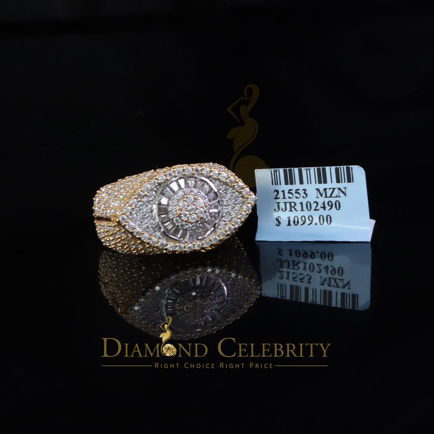 DiamondCelebritees 4.00ct VVS D 925 Silver Moissanite Baguette Men/Women Yellow Evil Eye Ring SZ10