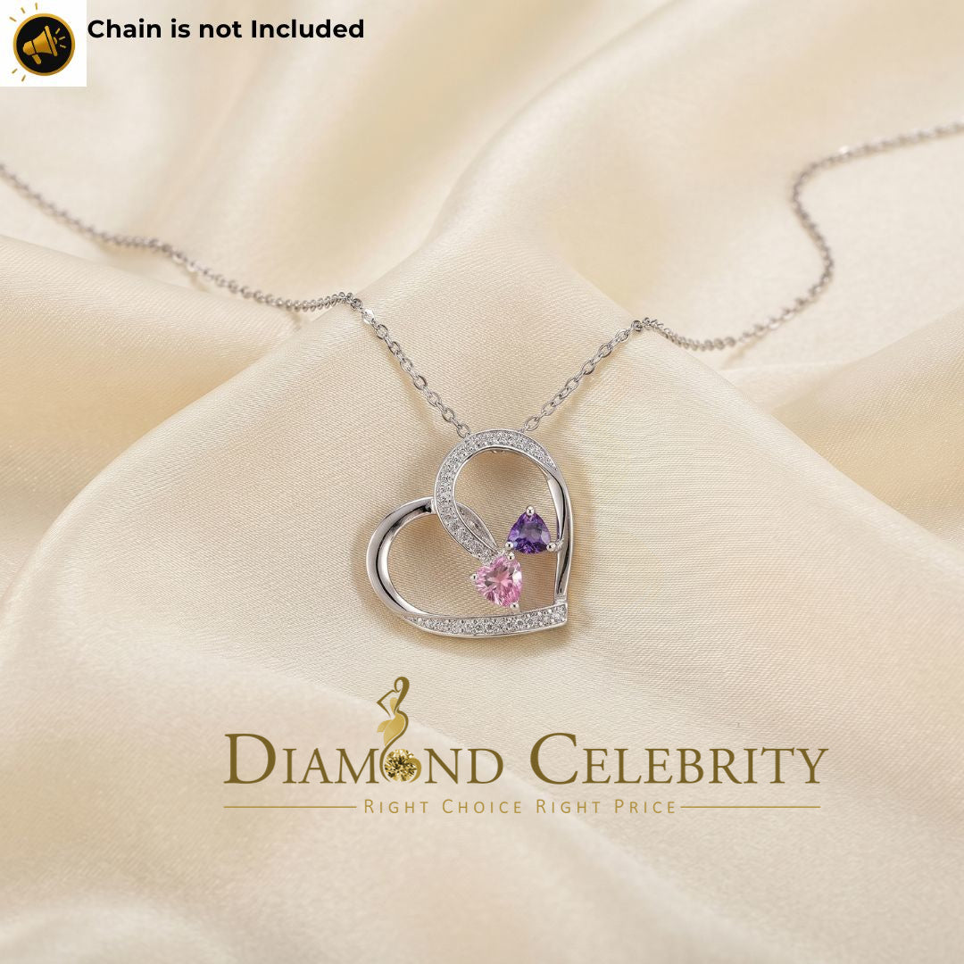 DiamondCelebritees  Two Stones Pink Blue Heart Solitaire 0.1ct Silver Diamonds White Charm Pendant