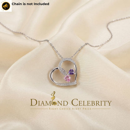 DiamondCelebritees  Two Stones Pink Blue Heart Solitaire 0.1ct Silver Diamonds White Charm Pendant