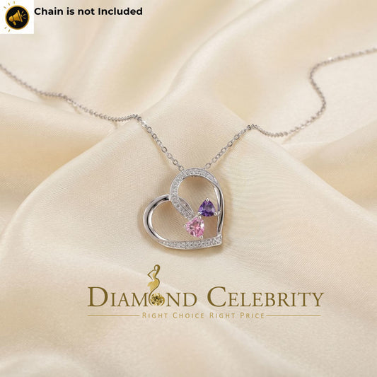 DiamondCelebritees  Two Stones Pink Blue Heart Solitaire 0.1ct Silver Diamonds White Charm Pendant