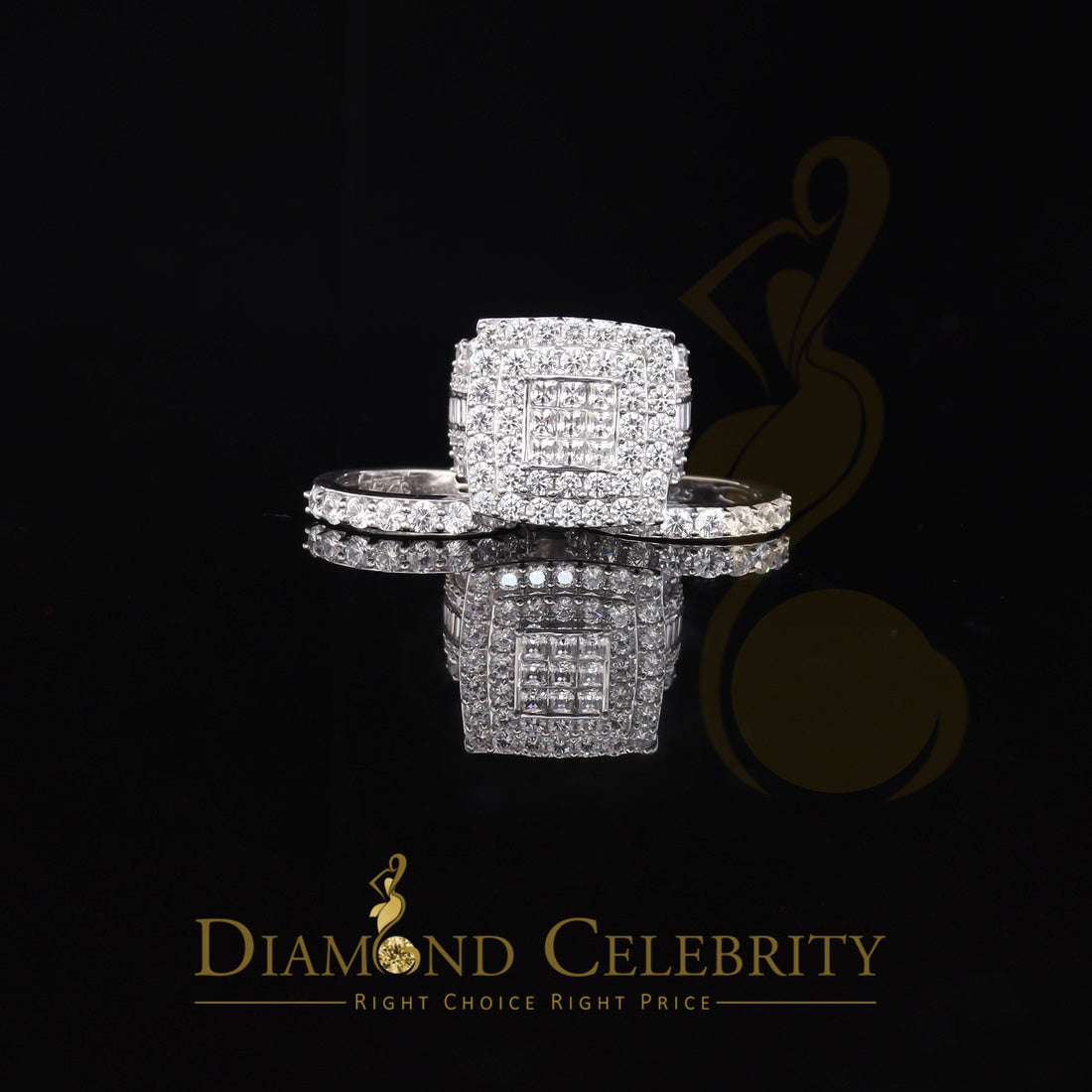DiamondCelebritees 925 White Silver Square 22.41ct Cubic Zirconia Halo Trio Wedding Ring Size 9