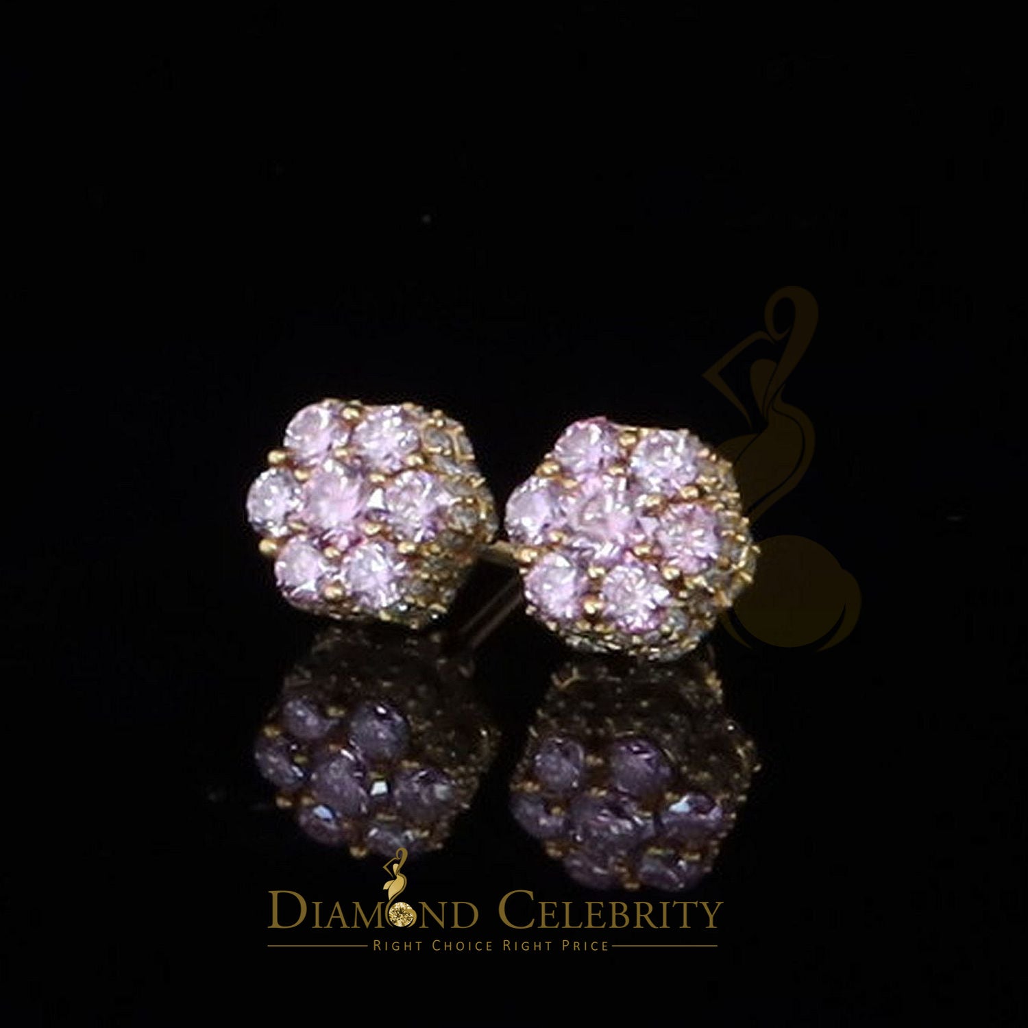 DiamondCelebritees Women's 925 Silver Yellow 2.50ct VVS 'D' Pink Moissanite Floral Stud Earrings