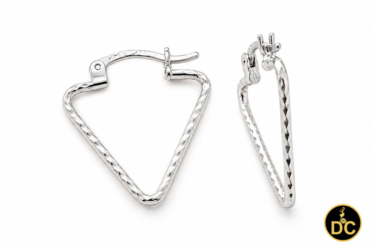 925 Sterling Silver Textured Geometric Diamond-cut Triangle Hoop 21mm Earrings