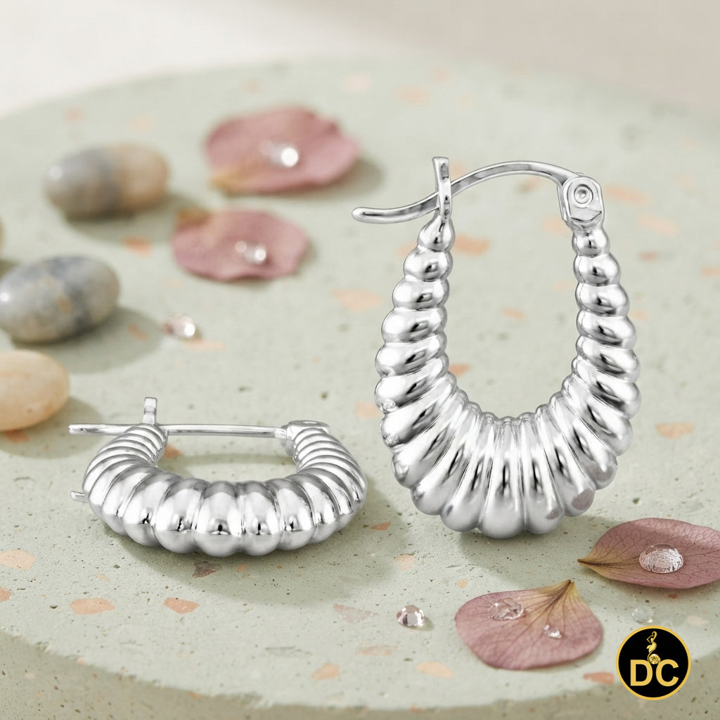 925 Silver 14mm Textured U-hoop or shrimp-style earrings with a ribbed pattern