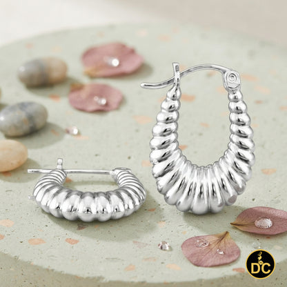925 Silver 14mm Textured U-hoop or shrimp-style earrings with a ribbed pattern
