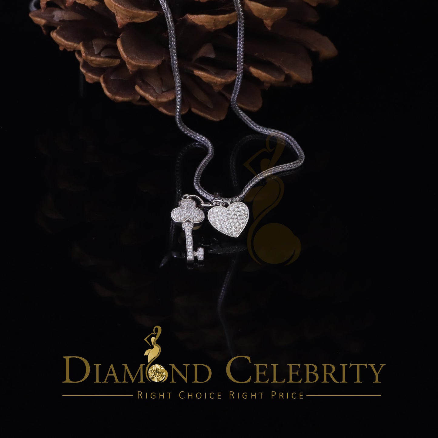 DiamondCelebritees Womens Heart Key White Sterling Silver Shape Pendant with 0.50ct Cubic Zirconia