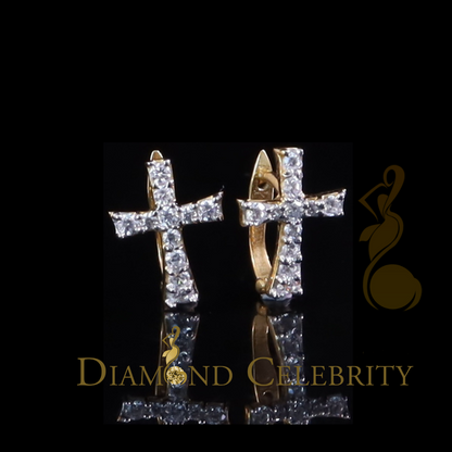 DiamondCelebritees Moissanite Stone 925 Silver Round Yellow Hip Hop Cross Stud Earring Men's/Womens