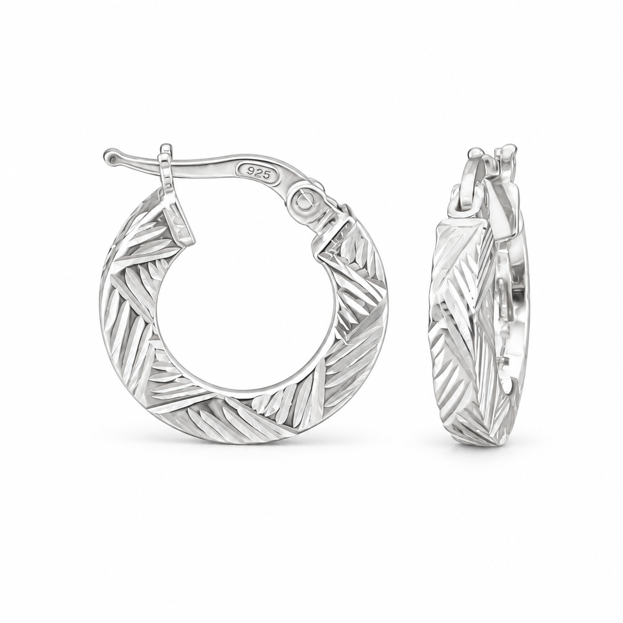 925 Sterling Silver Textured DiamondCut Flat Geometric Chevron 15mm Hoop Earring