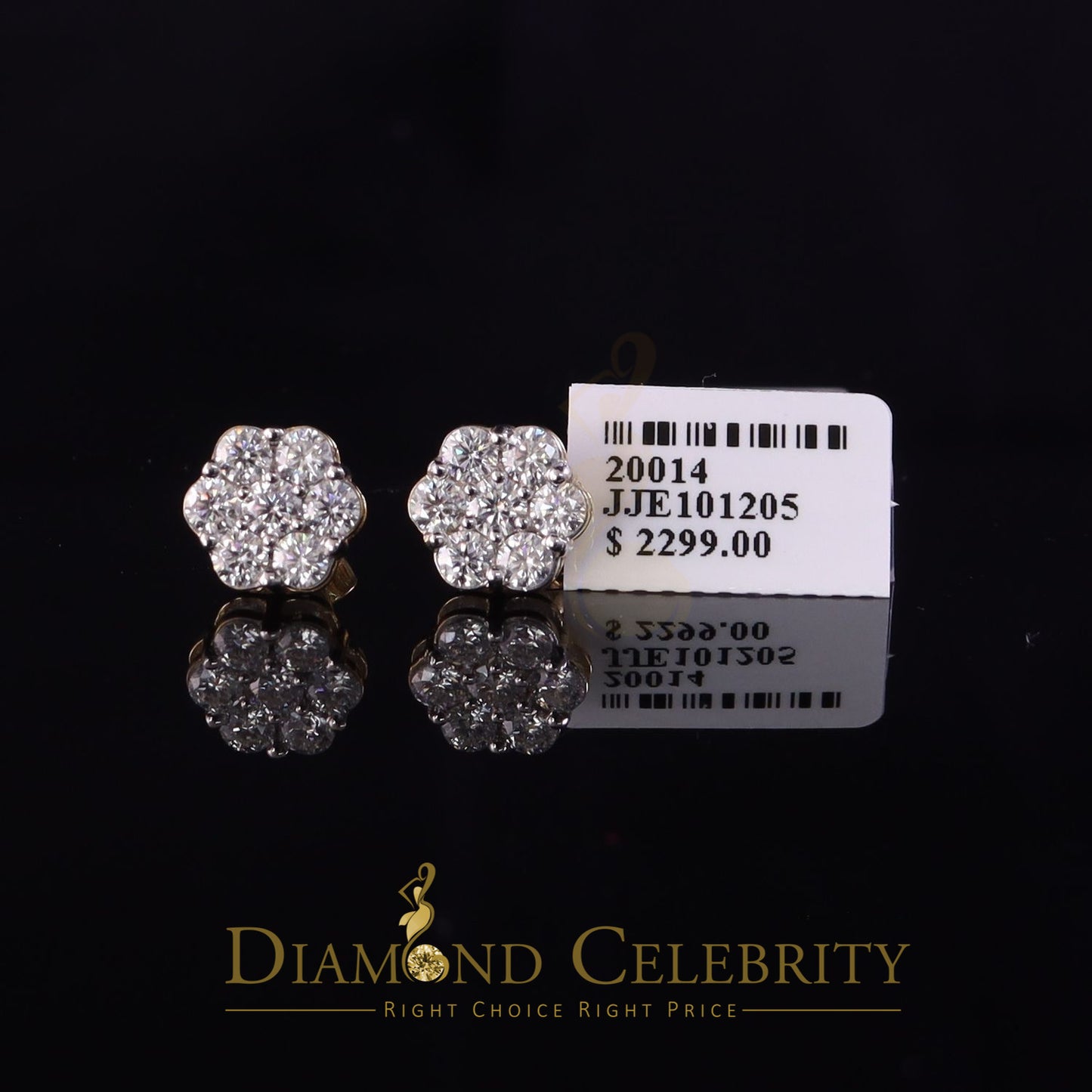 DiamondCelebritees Real Moissanite VVS 'D' Color 2.0ct 10k Real Yellow Gold Stud FLORAL Earrings