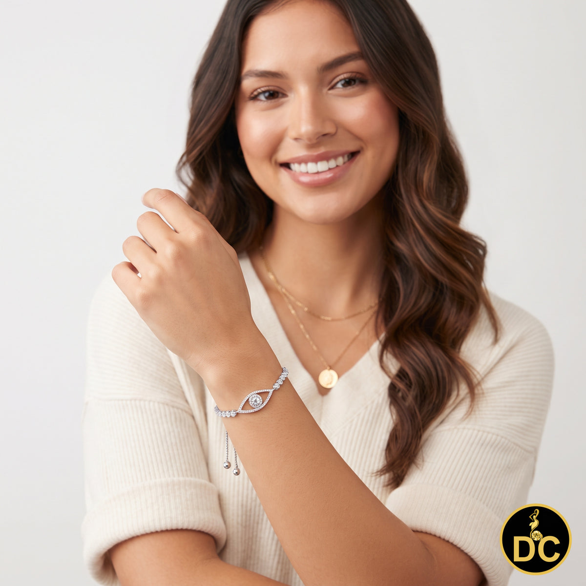 Diamondcelebritees White 925 Silver Eye Shape Bracelet Cubic Zirconia Adjustable Size 7 Inches