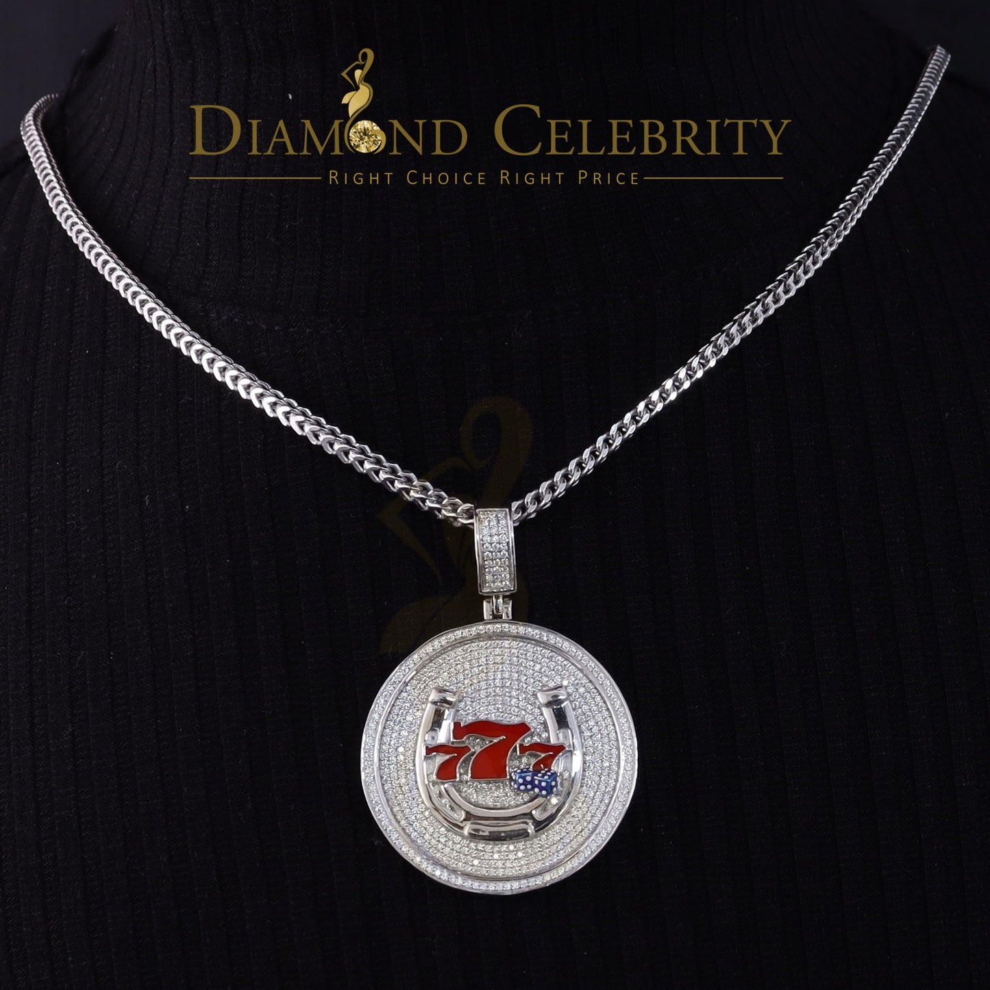 Diamondcelebritees  Gamble W/2.00ct Moissanite White 925 Silver Lucky 777 W/Dice Horse Shoes Pendant