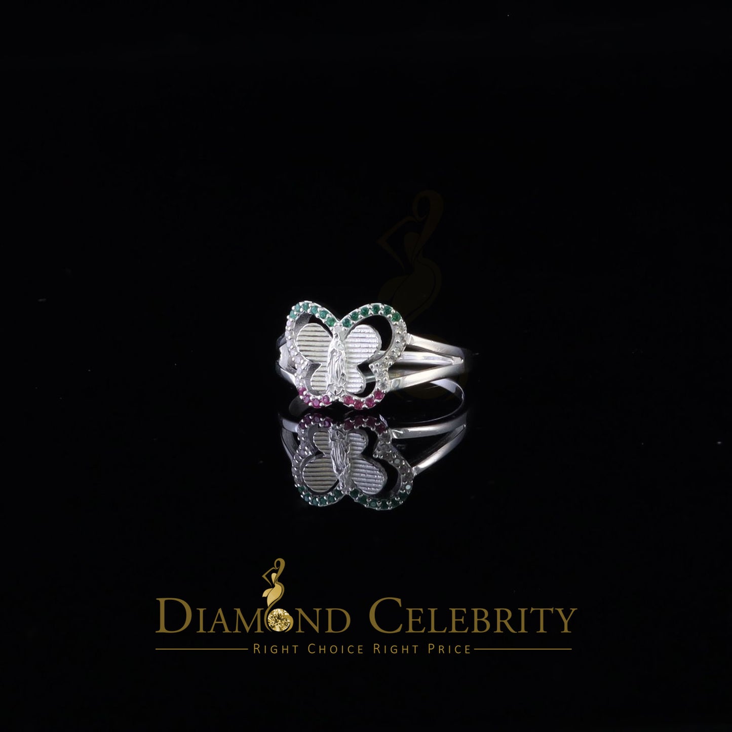 DiamondCelebritees Religious White Butterfly 925 Silver CZ Multi Stone Mother Mary Women Ring SZ10